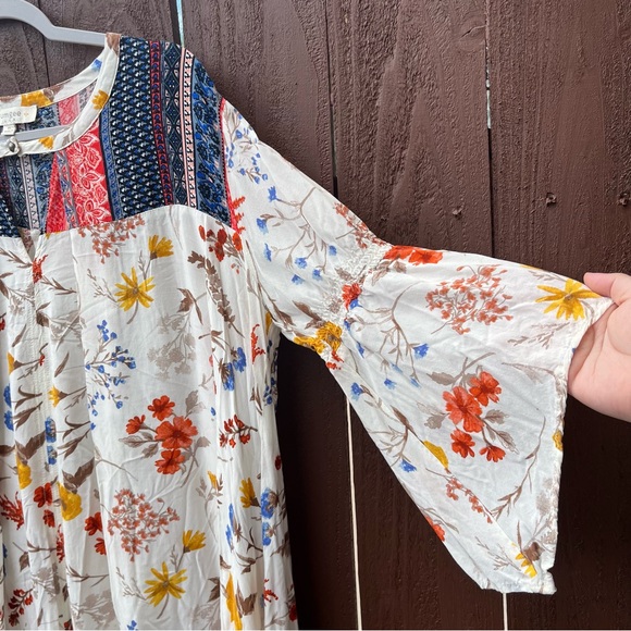 Umgee Floral Mini Dress Bell Sleeve Cream Mix Boho Size XL Mixed Print Peasant - Picture 5 of 11